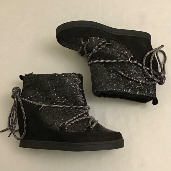 Juicy Couture 8.5 Women’s Glitter Suede Wedge Ankle Boots Black Faux Fur Lined - Picture 8 of 11
